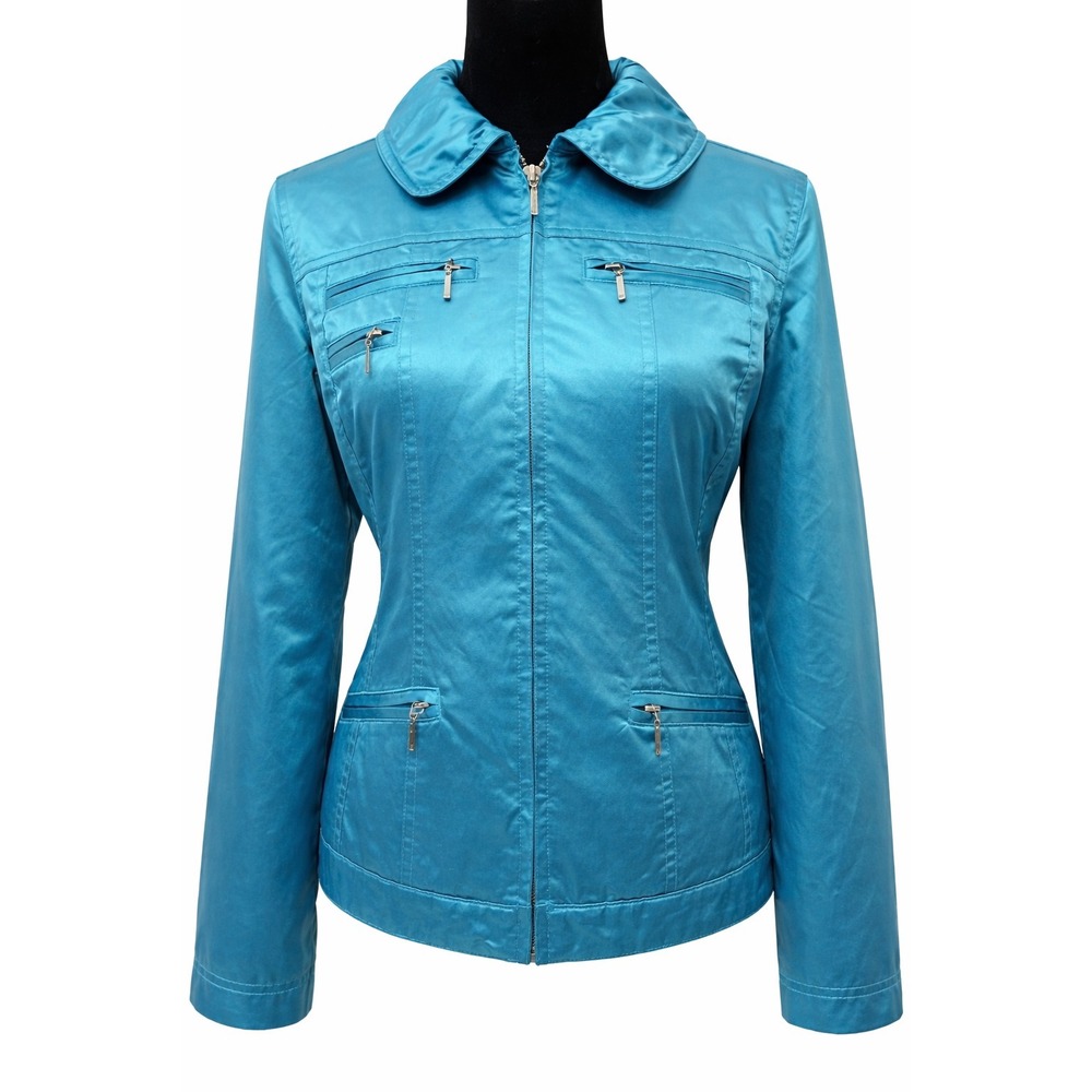Chico's Womens Full Zipper Multi Pocket Trucker Jacket Size 0 Blue Satin Stretch